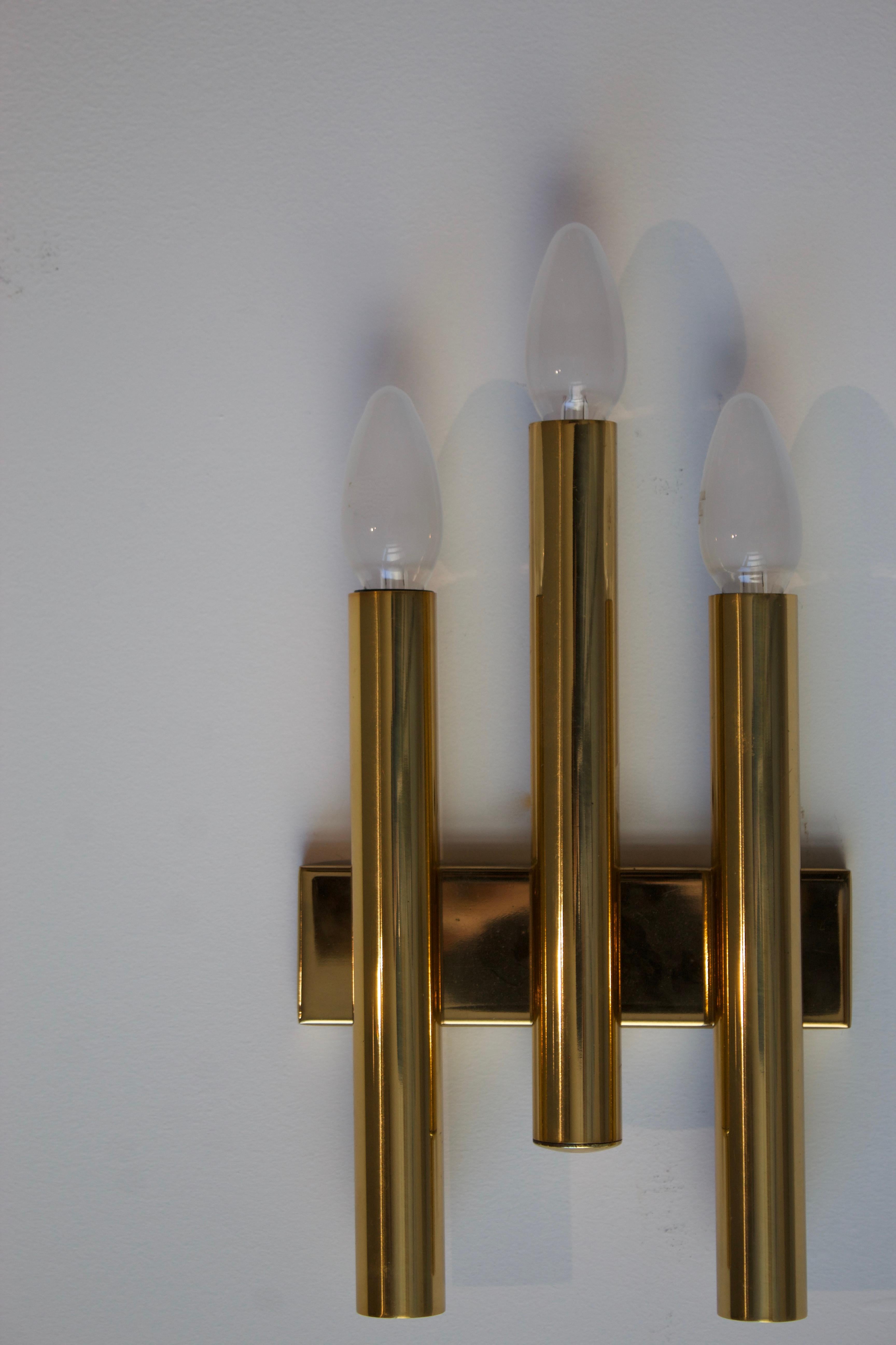 Mid-Century Modern Candle, Three Armed Wall Lights / Sconces, Brass, Italy, 1960s For Sale