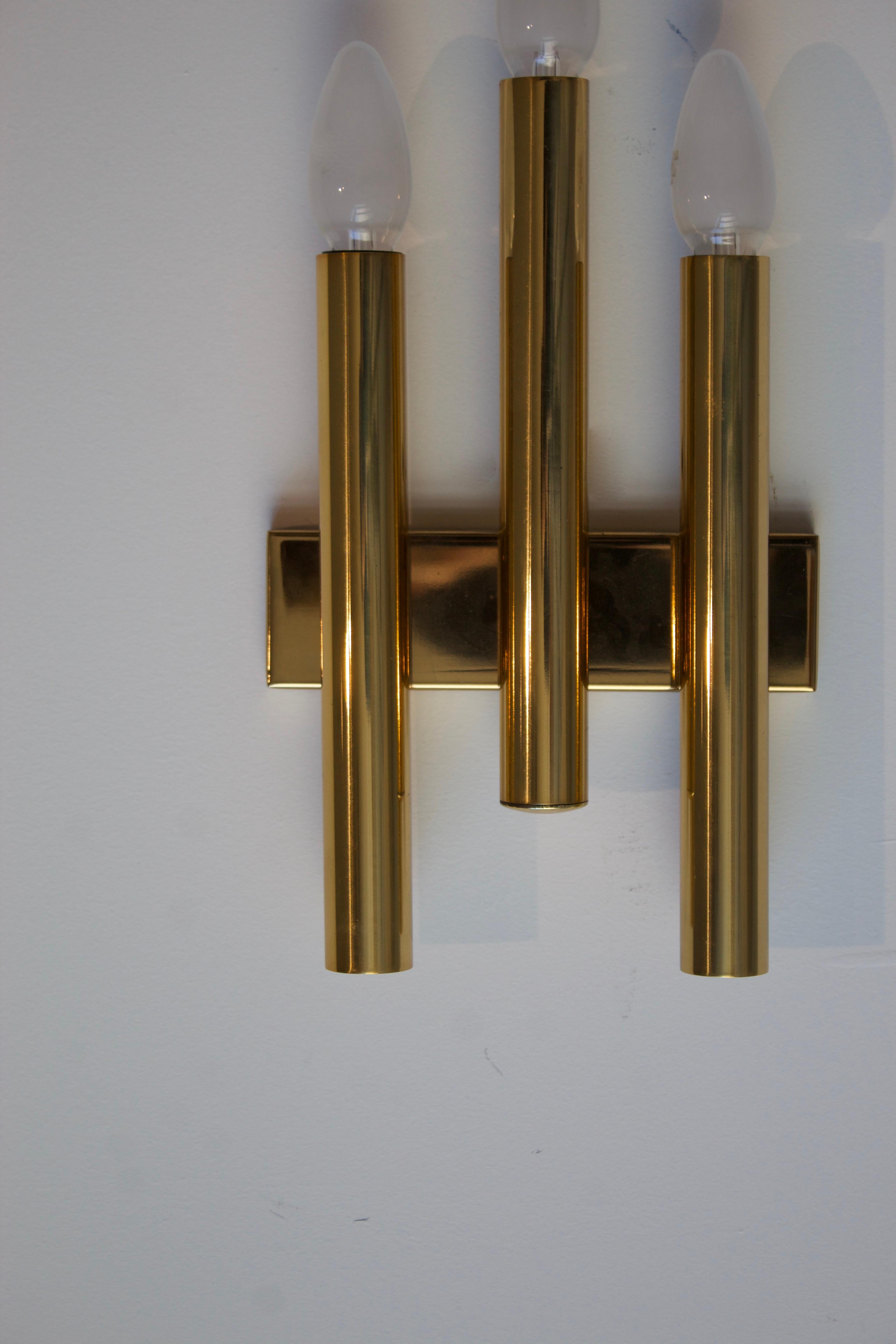 Italian Candle, Three Armed Wall Lights / Sconces, Brass, Italy, 1960s For Sale