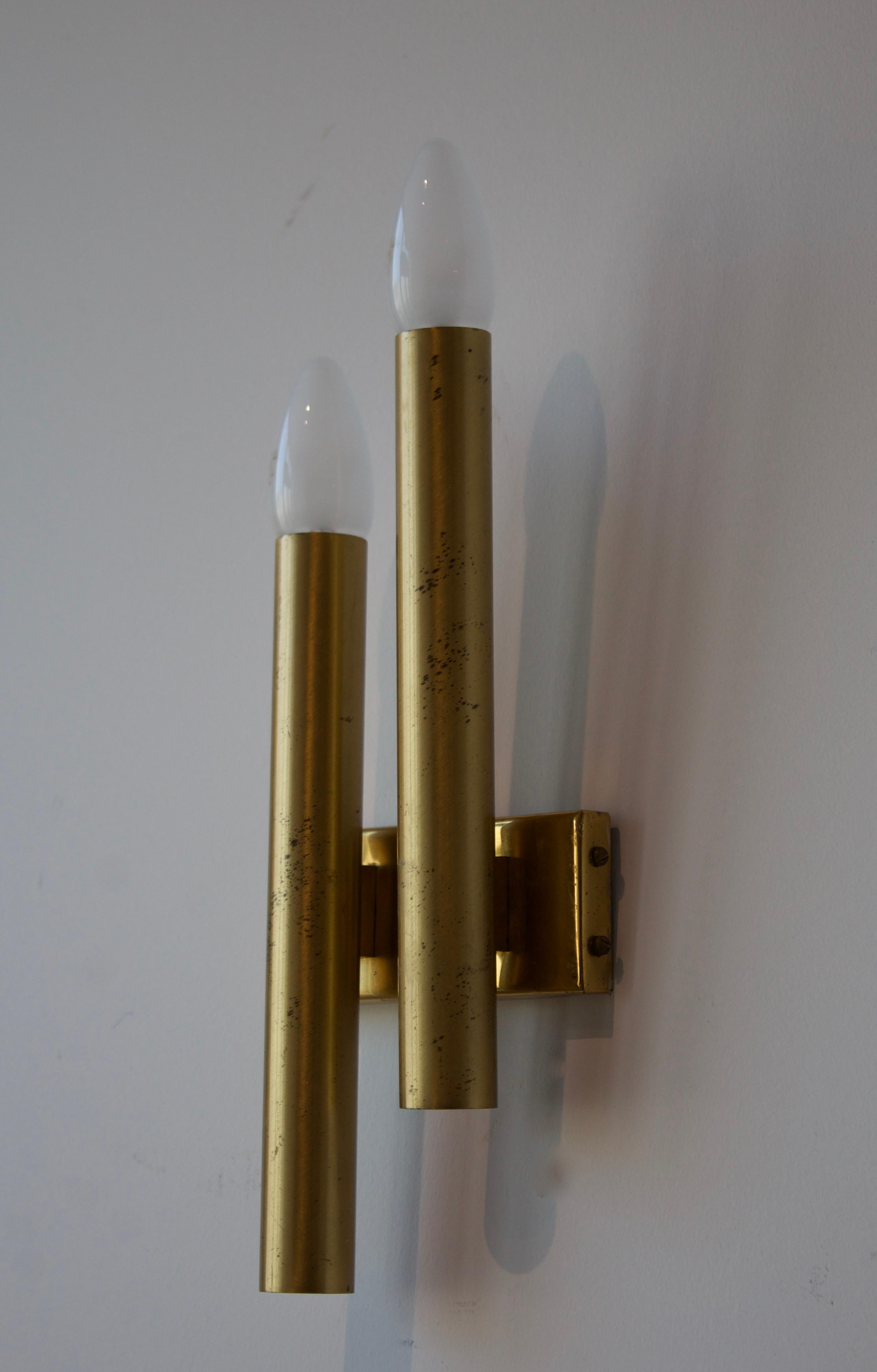 Mid-Century Modern Candle, Two-Armed Wall Lights / Sconces, Brass, Italy, 1960s For Sale