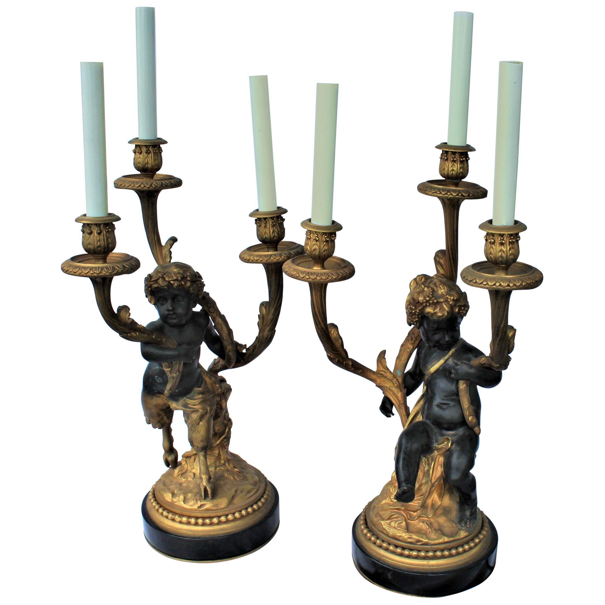 Candelabras Male and Female 18-Karat Doré Bronze after Clodion the pair For Sale