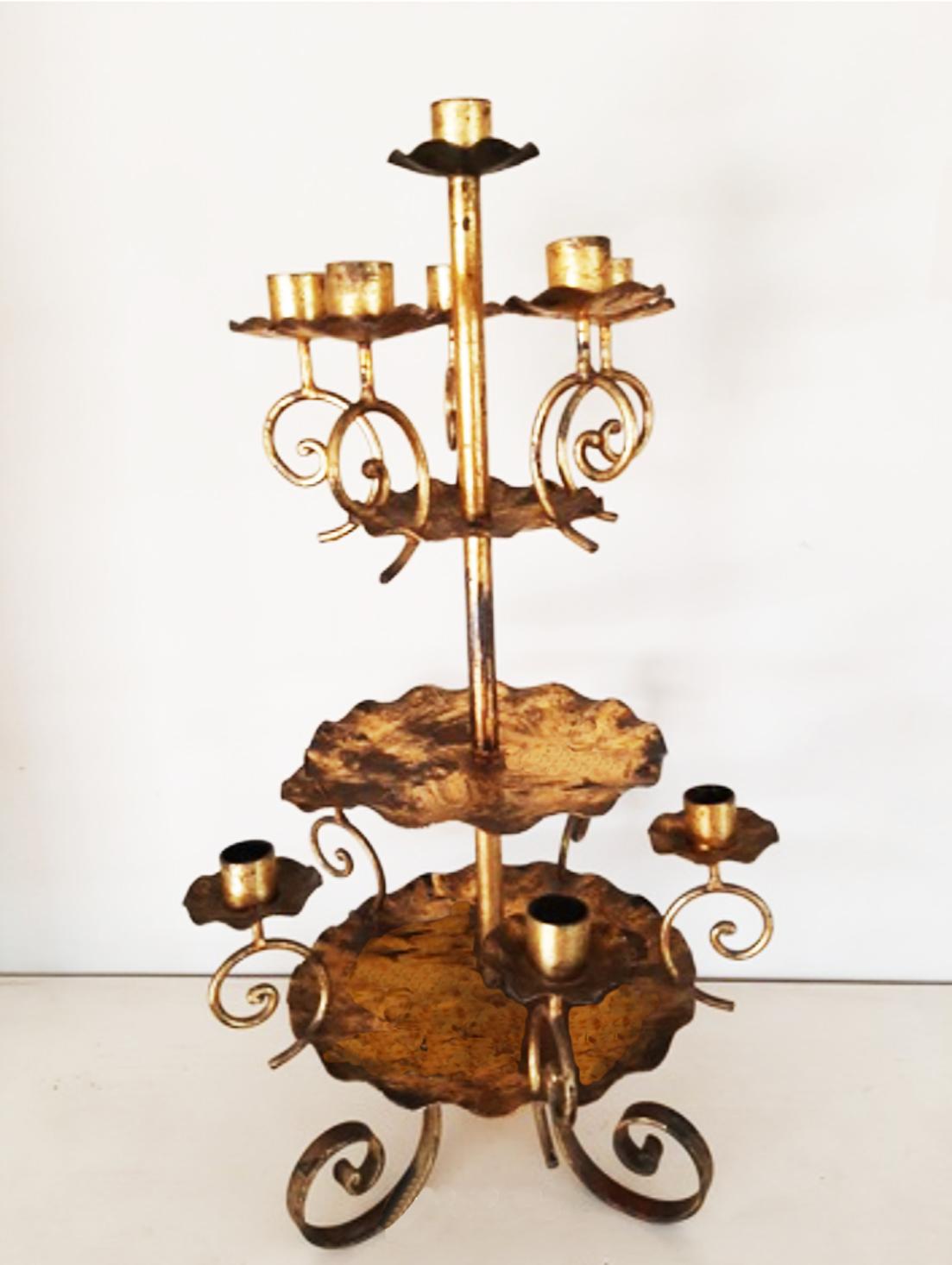 Very origina candlestick, for 10 candles, made in wrought iron 

It is an unusual piece. From the beginning of the 20th century or earlier
  It is very original and decorative

Golden candlestick candleholder or centerpiece to place on a table