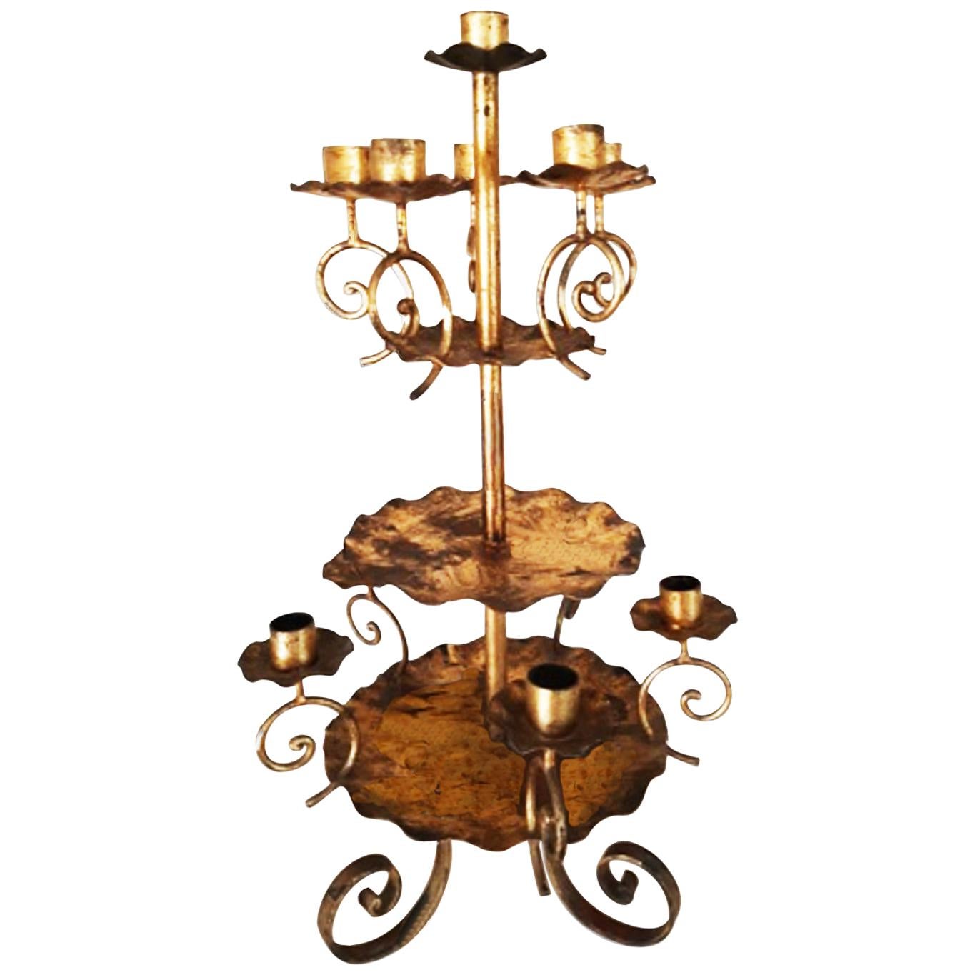Large Candleholder, 10 Candles  , Wrought Iron Golden, Early 20th Century For Sale