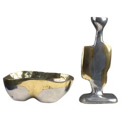 Candleholder and Bowl by David Marshall in Aluminum and Brass, UK 1970s