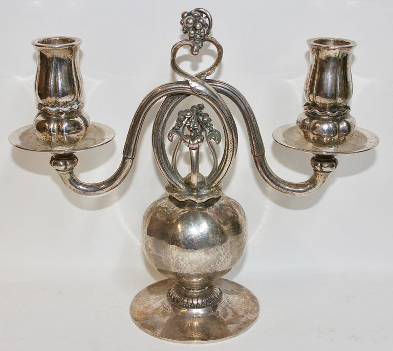 Hammered Candleholder, Candlestick Candelabra Pair by Georg Jensen, 925 Sterling Silver For Sale
