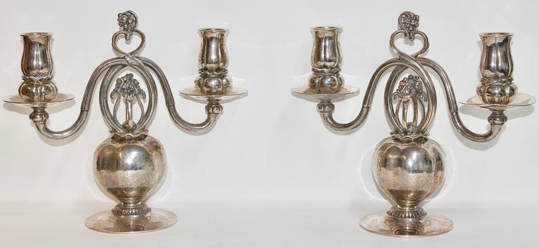 Candleholder, Candlestick Candelabra Pair by Georg Jensen, 925 Sterling Silver In Good Condition For Sale In Berlin, DE