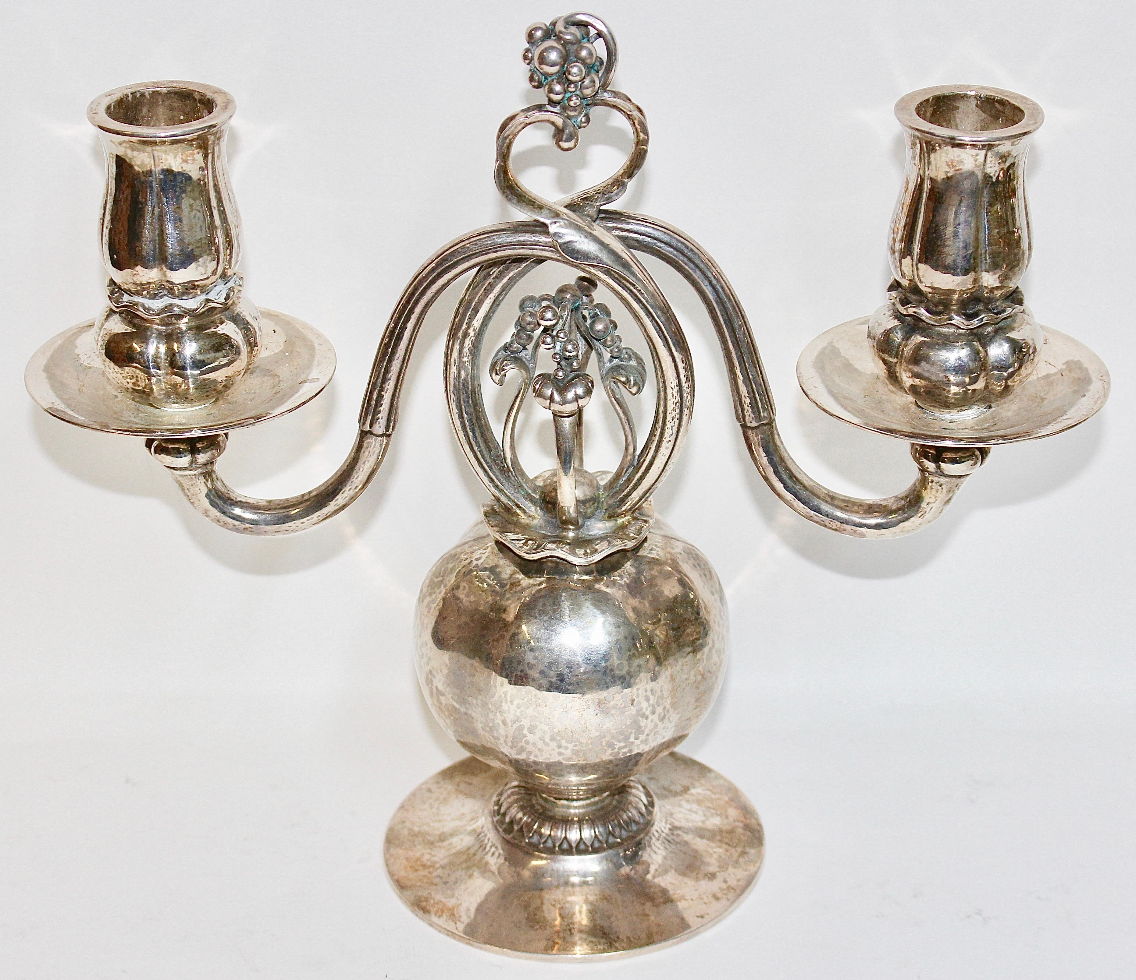 Hammered Candleholder, Candlestick Candelabra Pair by Georg Jensen, 925 Sterling Silver For Sale