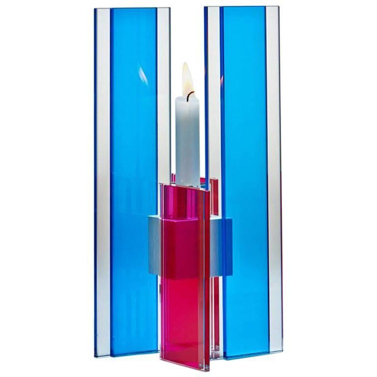 Contemporary Blue & Pink Glass & Aluminum Candlestick For Sale