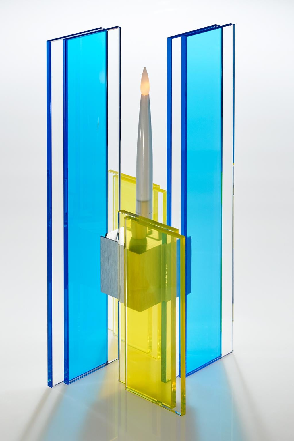 Modern Contemporary Blue & Yellow Glass & Aluminum Candlestick For Sale
