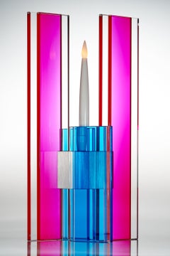Contemporary Pink & Blue Glass & Aluminum Candlestick