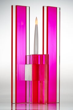 Contemporary Pink Glass & Aluminum Candlestick