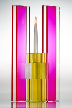 Contemporary Pink & Yellow Glass & Aluminum Candlestick