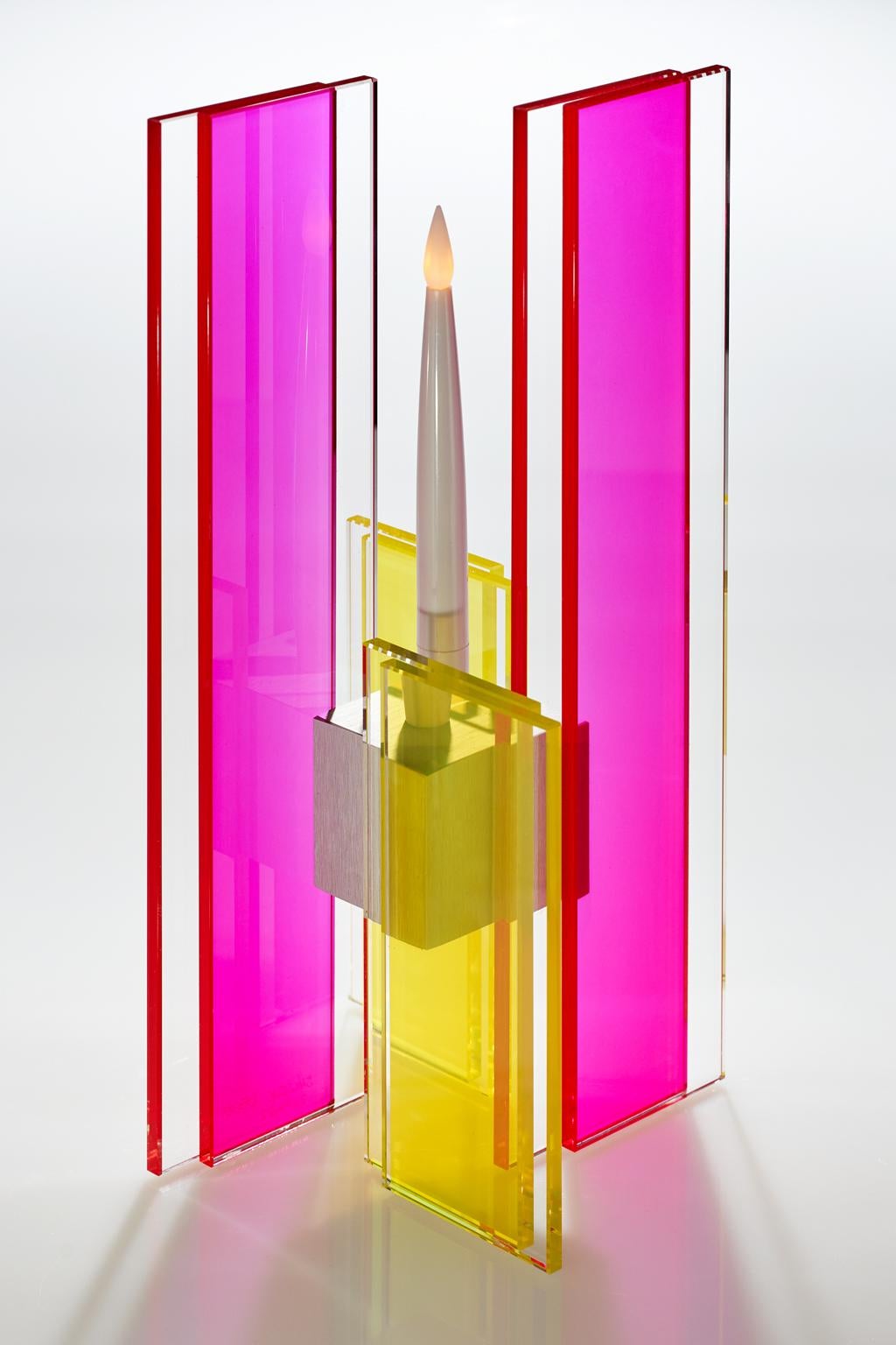 Modern  Contemporary Pink & Yellow Glass & Aluminum Candlestick For Sale