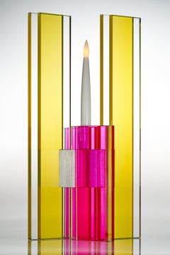 Contemporary Yellow & Pink Glass & Aluminum Candlestick