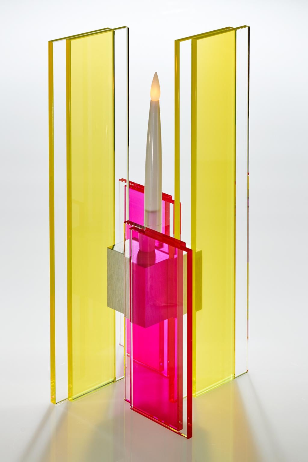 Modern  Contemporary Yellow & Pink Glass & Aluminum Candlestick For Sale
