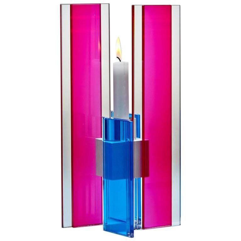 Contemporary Pink & Blue Glass & Aluminum Candlestick For Sale