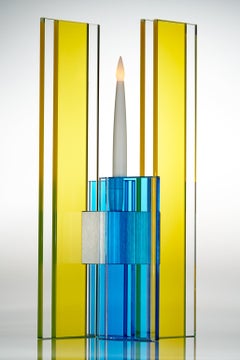 Contemporary Yellow & Blue Glass & Aluminum Candlestick