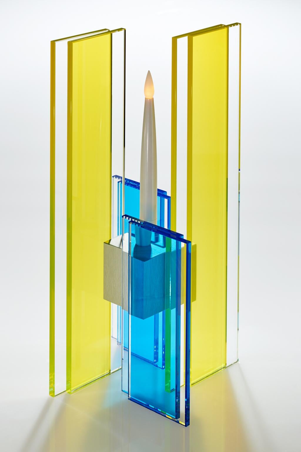 Modern Contemporary Yellow & Blue Glass & Aluminum Candlestick For Sale