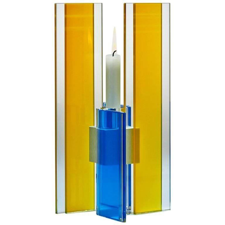 Contemporary Yellow & Blue Glass & Aluminum Candlestick For Sale