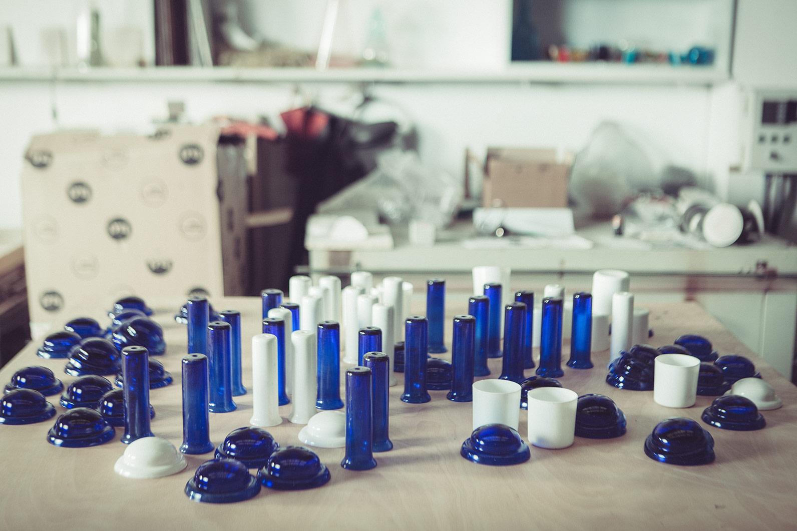 Modern Candleholder in blue and white glass