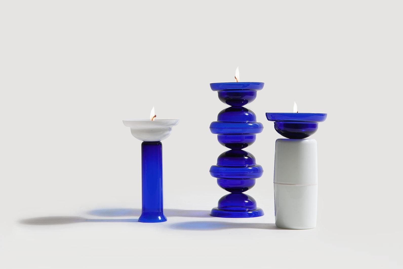 Glazed Candleholder in blue and white glass
