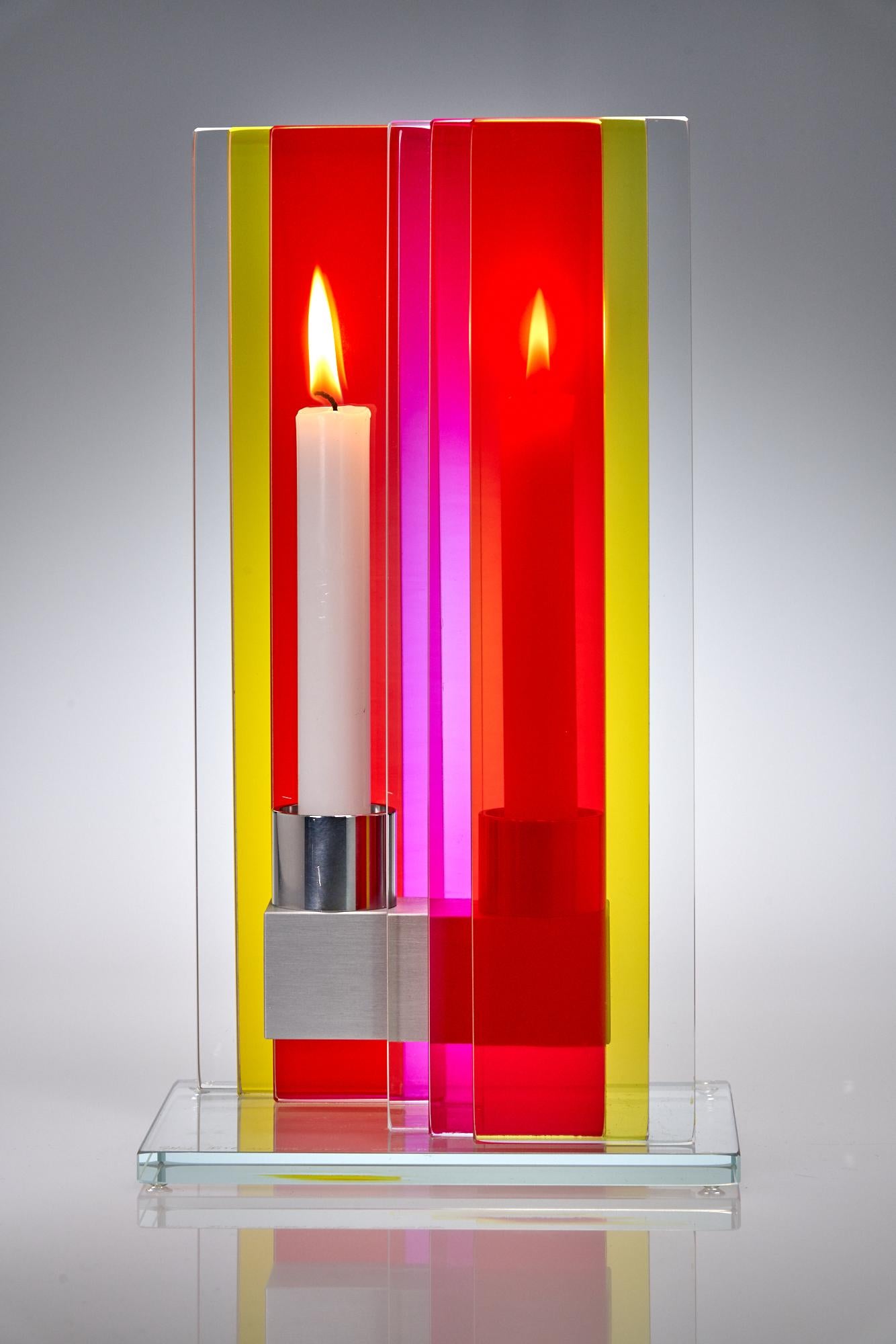 Contemporary Yellow & Pink Glass & Aluminum Candlestick  In New Condition For Sale In Waltham, MA