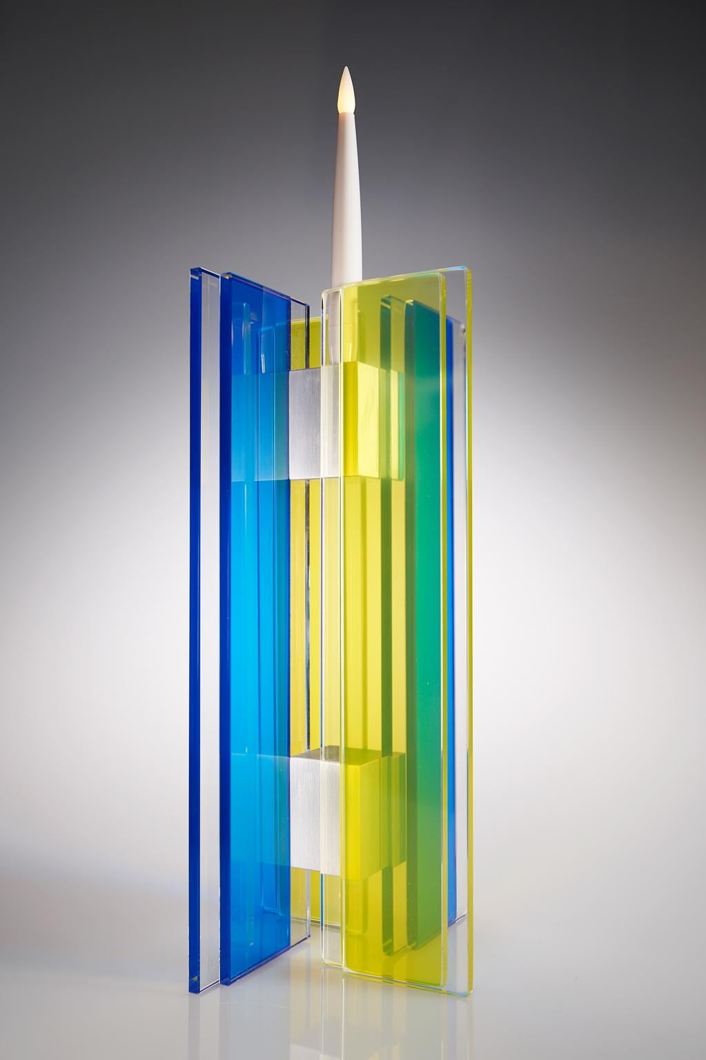 American Contemporary Yellow & Blue Glass & Aluminum Candlestick For Sale