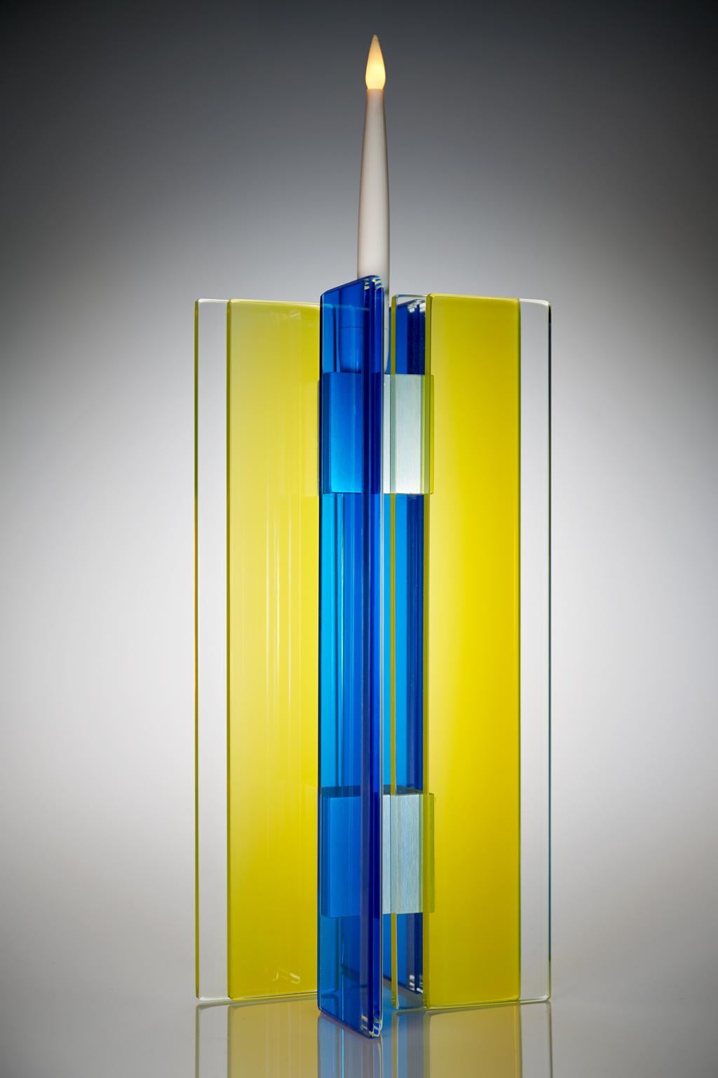 Anodized Contemporary Blue & Yellow Glass & Aluminum Candlestick For Sale