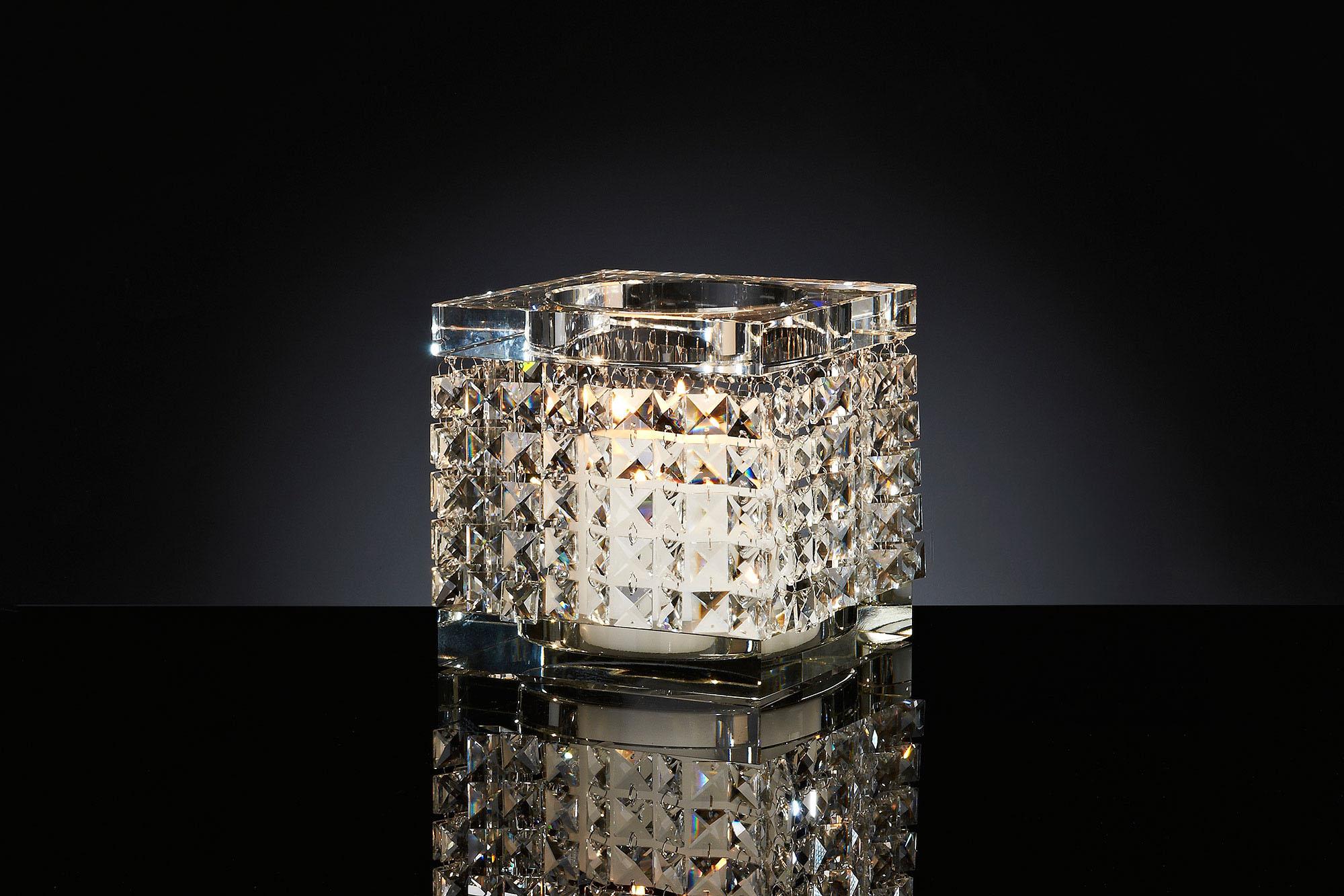 Italian Candleholder Nefertari Square, Glass and Crystal Drops, Italy For Sale