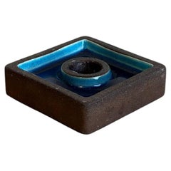 Bougeoir carré en grès, émail bleu vif, Danemark, MCM, années 1970
