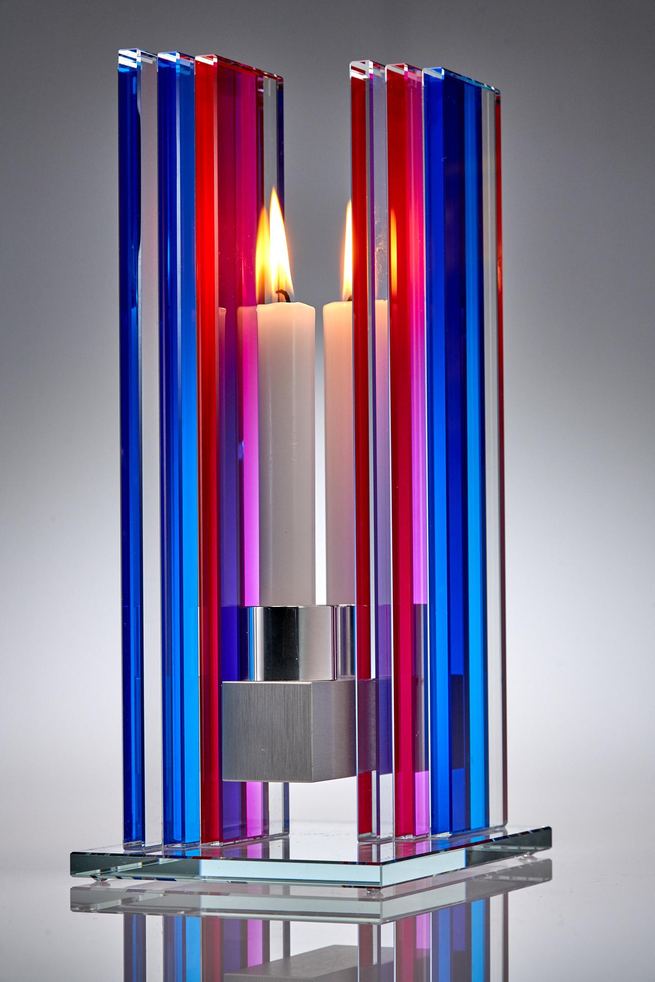 Contemporary Blue & Pink Glass & Aluminum Candlestick In New Condition For Sale In Waltham, MA