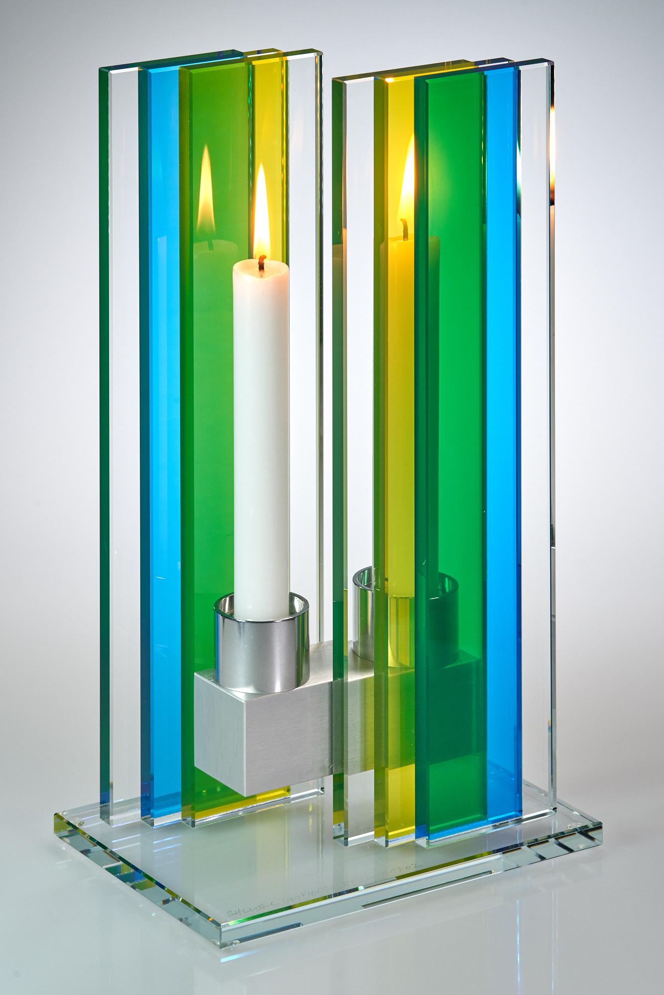 American Contemporary Blue & Green Glass & Aluminum Candlestick  For Sale