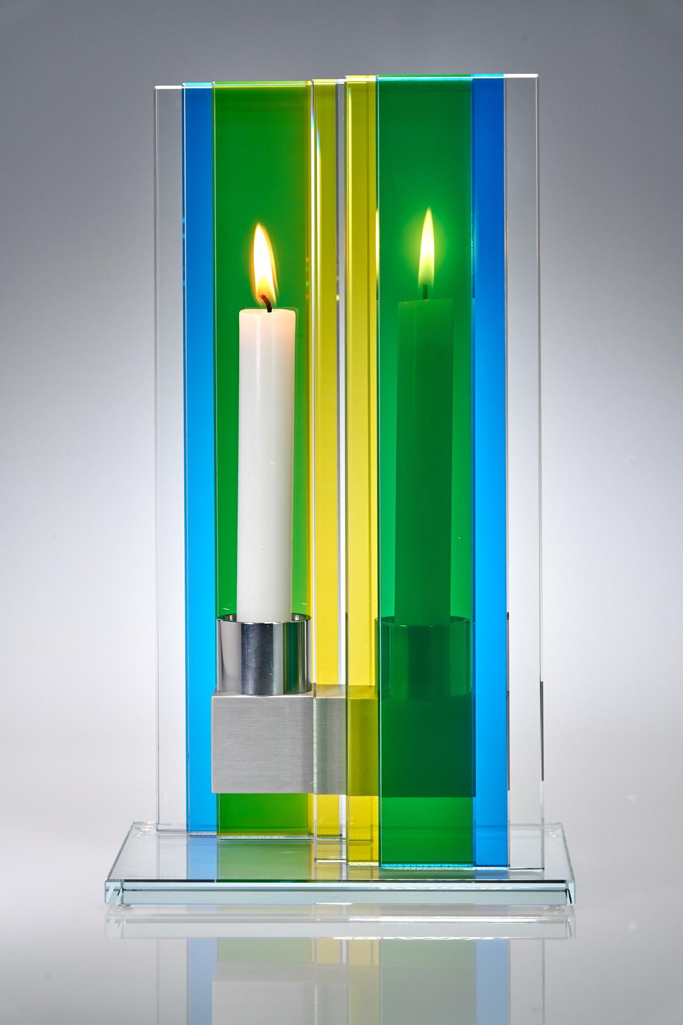 Anodized Contemporary Blue & Green Glass & Aluminum Candlestick  For Sale