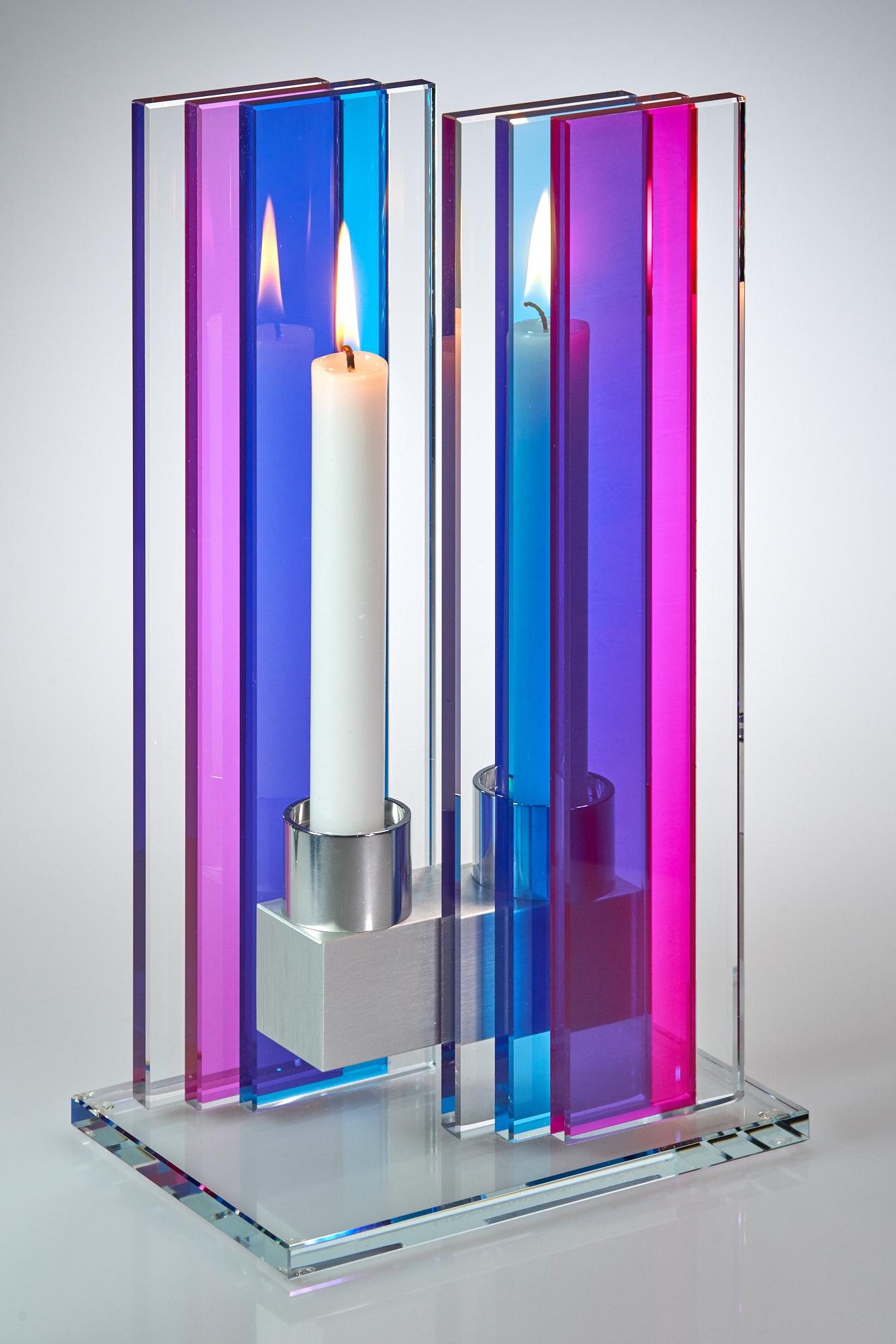 American Contemporary Pink & Blue Glass & Aluminum Candlestick For Sale