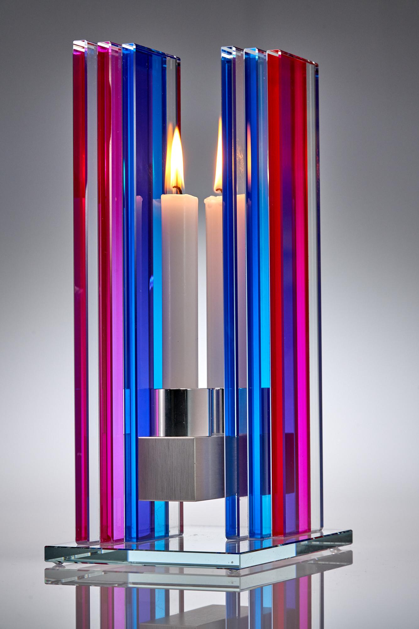 Contemporary Pink & Blue Glass & Aluminum Candlestick In New Condition For Sale In Waltham, MA
