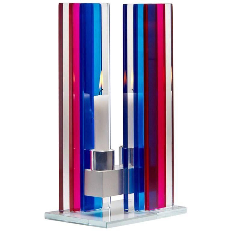 Contemporary Pink & Blue Glass & Aluminum Candlestick For Sale