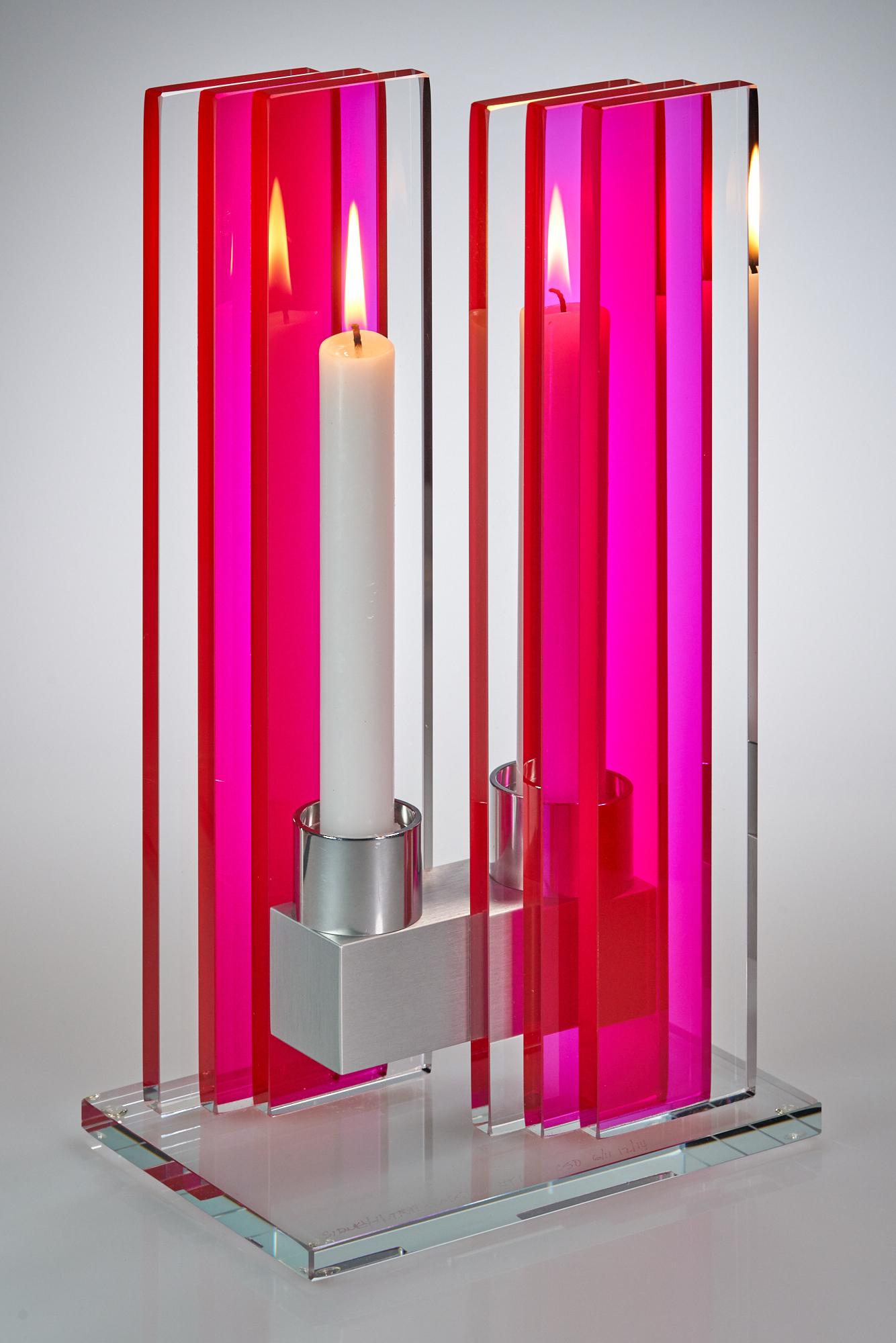 American Contemporary Pink Glass & Aluminum Candlesick For Sale
