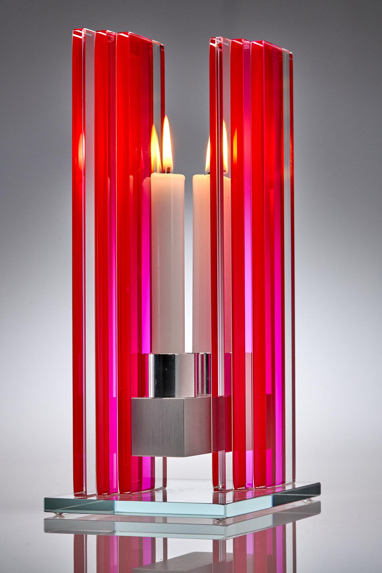 Contemporary Pink Glass & Aluminum Candlesick In New Condition For Sale In Waltham, MA