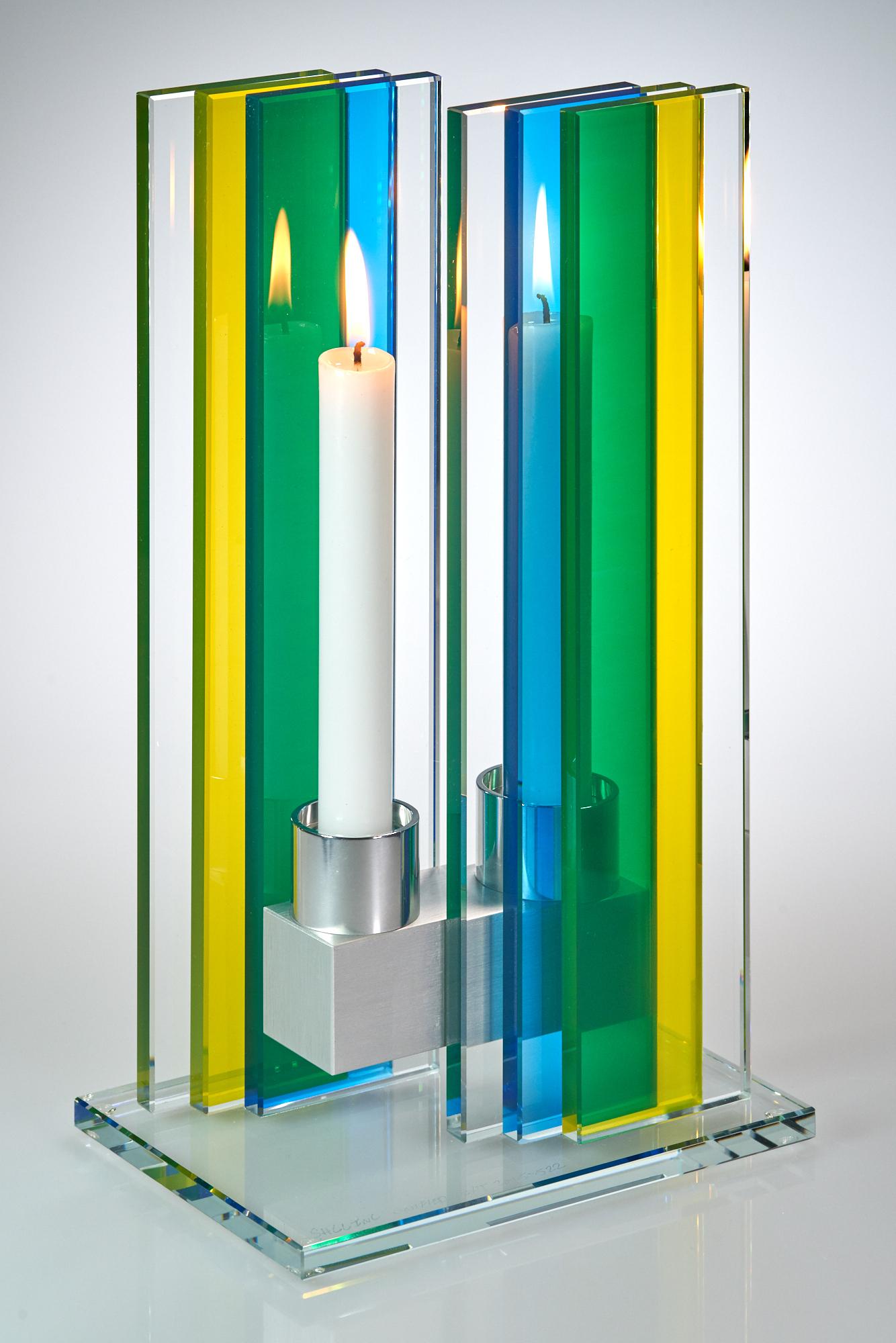 American Contemporary Yellow & Blue Glass & Aluminum  For Sale