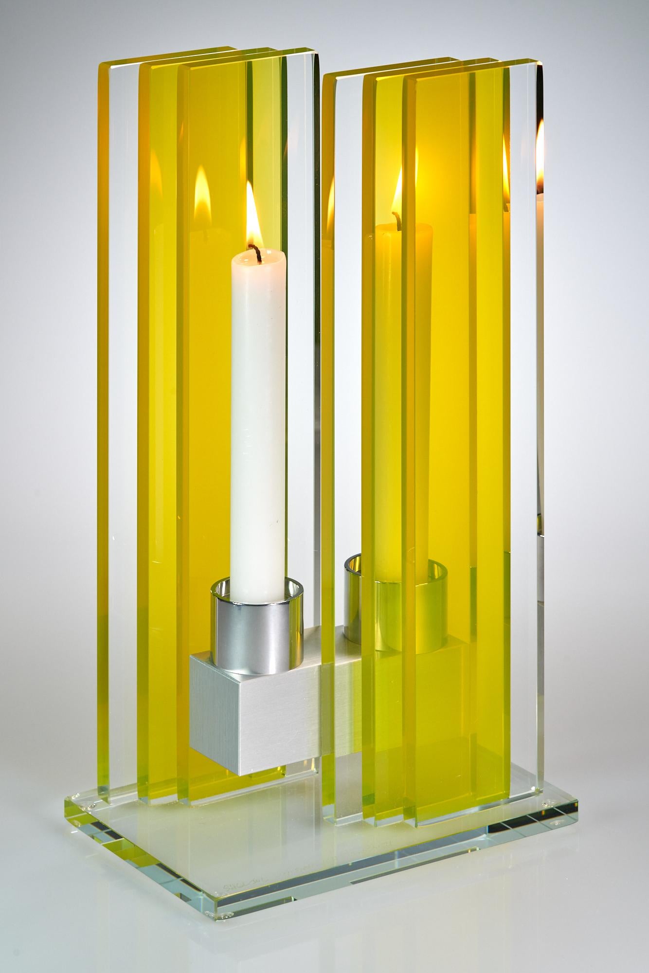 American Contemporary Yellow Glass & Aluminum Candlestick For Sale