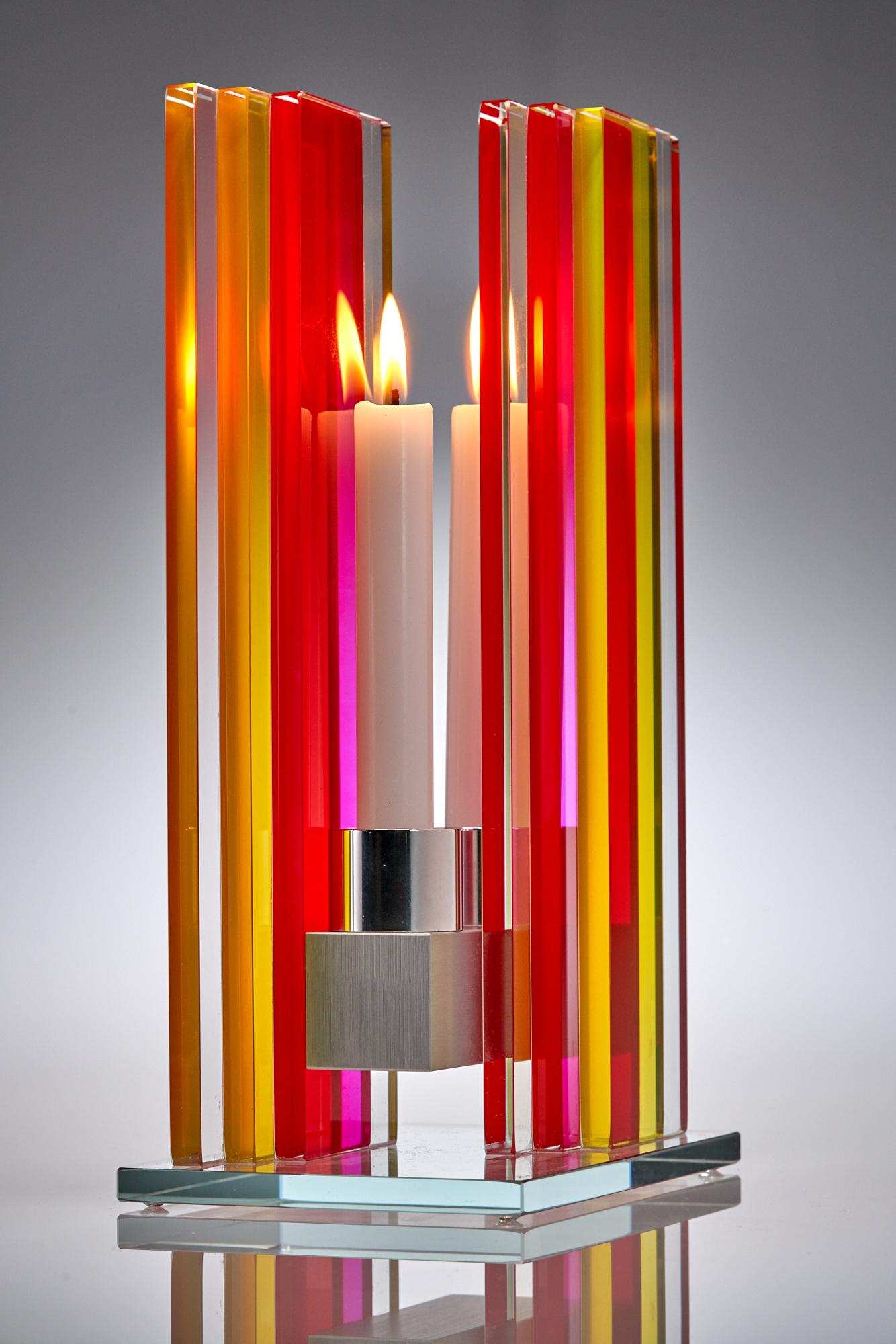 Contemporary Pink & Yellow Glass & Aluminum Candlestick In New Condition For Sale In Waltham, MA