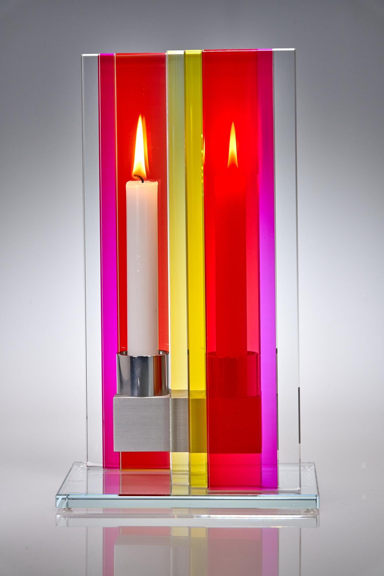 Contemporary Pink & Yellow Glass & Aluminum Candlestick (Eloxiert) im Angebot