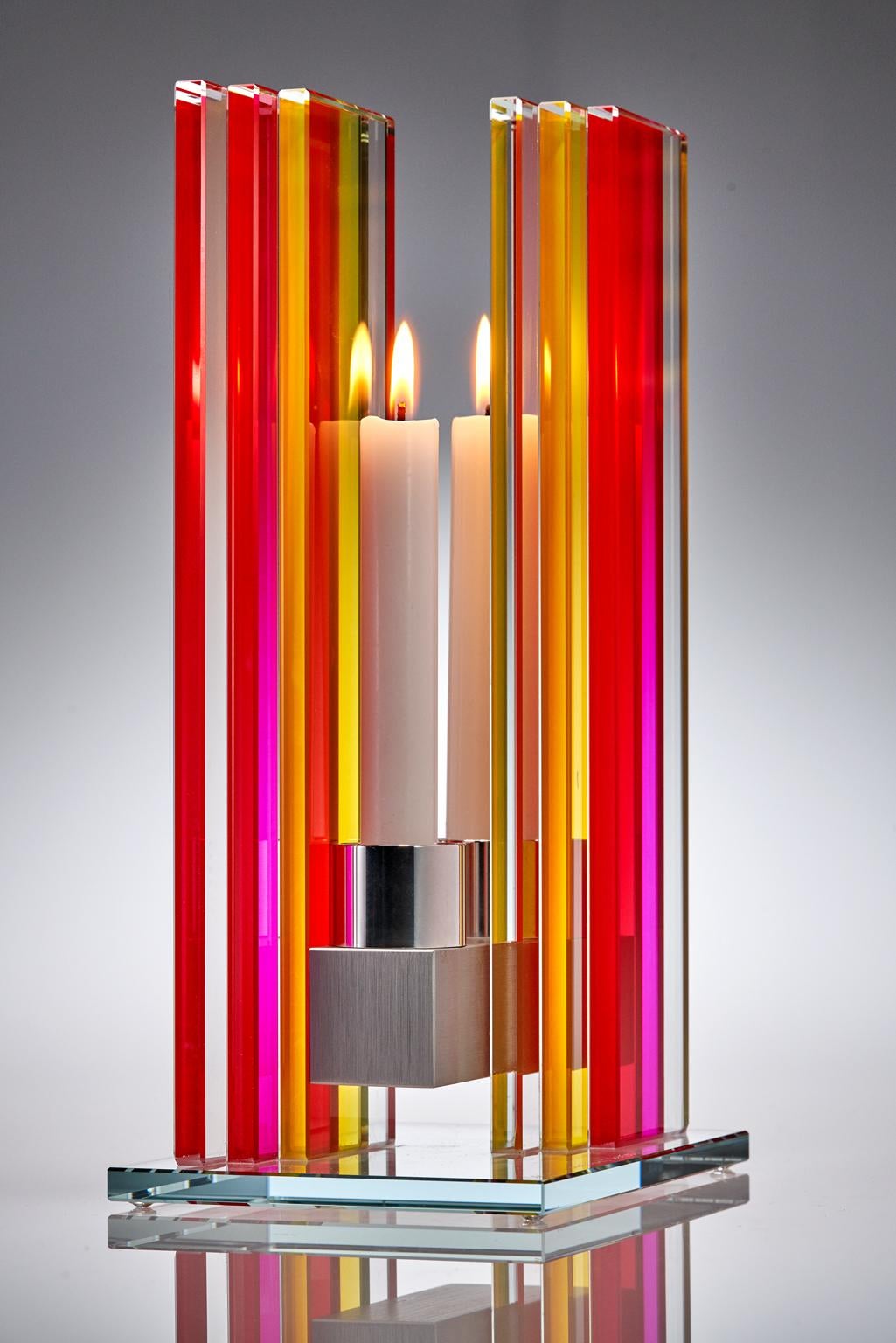 Contemporary Pink & Yellow Glass & Aluminum Candlestick In New Condition For Sale In Waltham, MA