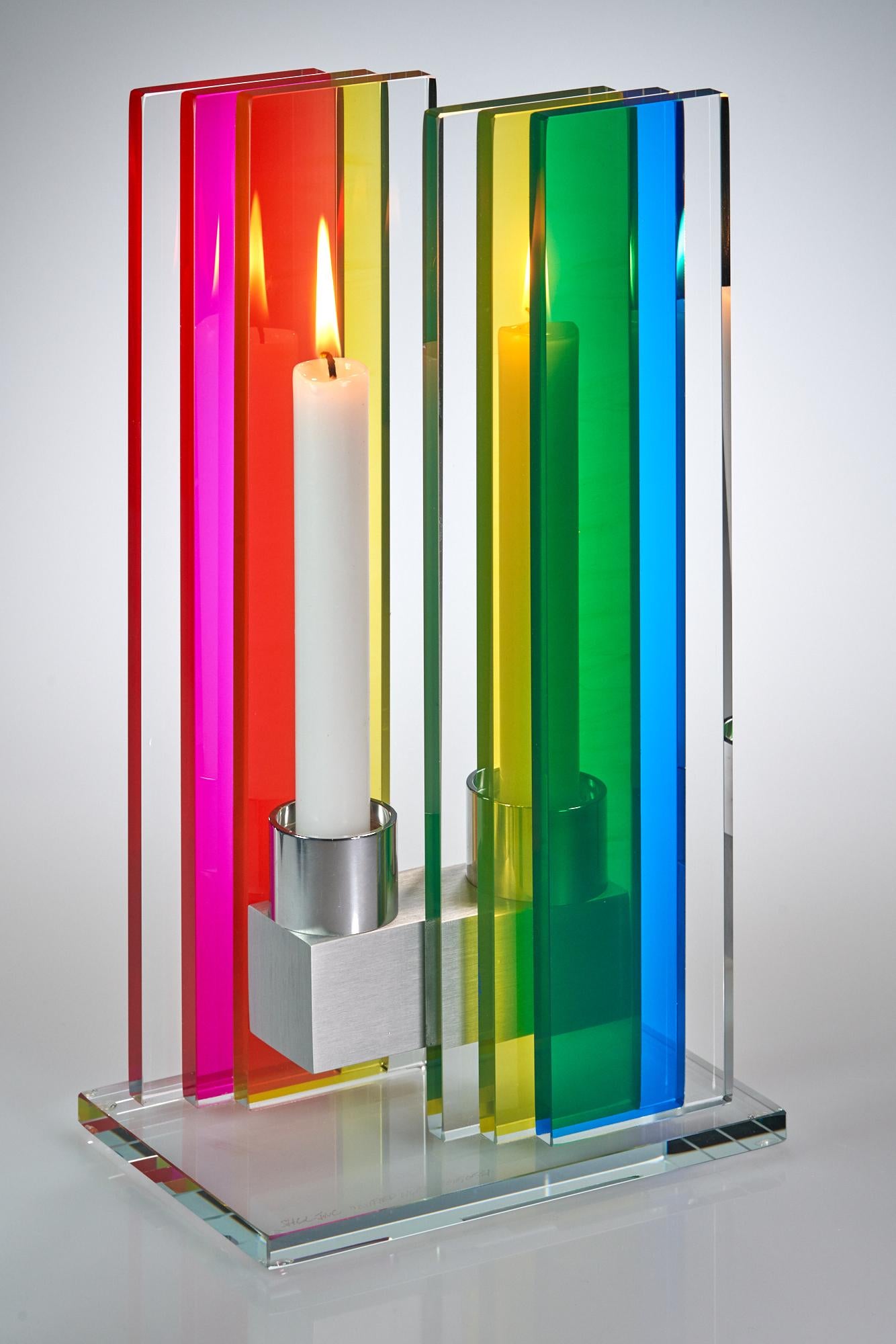 Contemporary Rainbow Colored Glass & Aluminum Candlestick  (amerikanisch) im Angebot