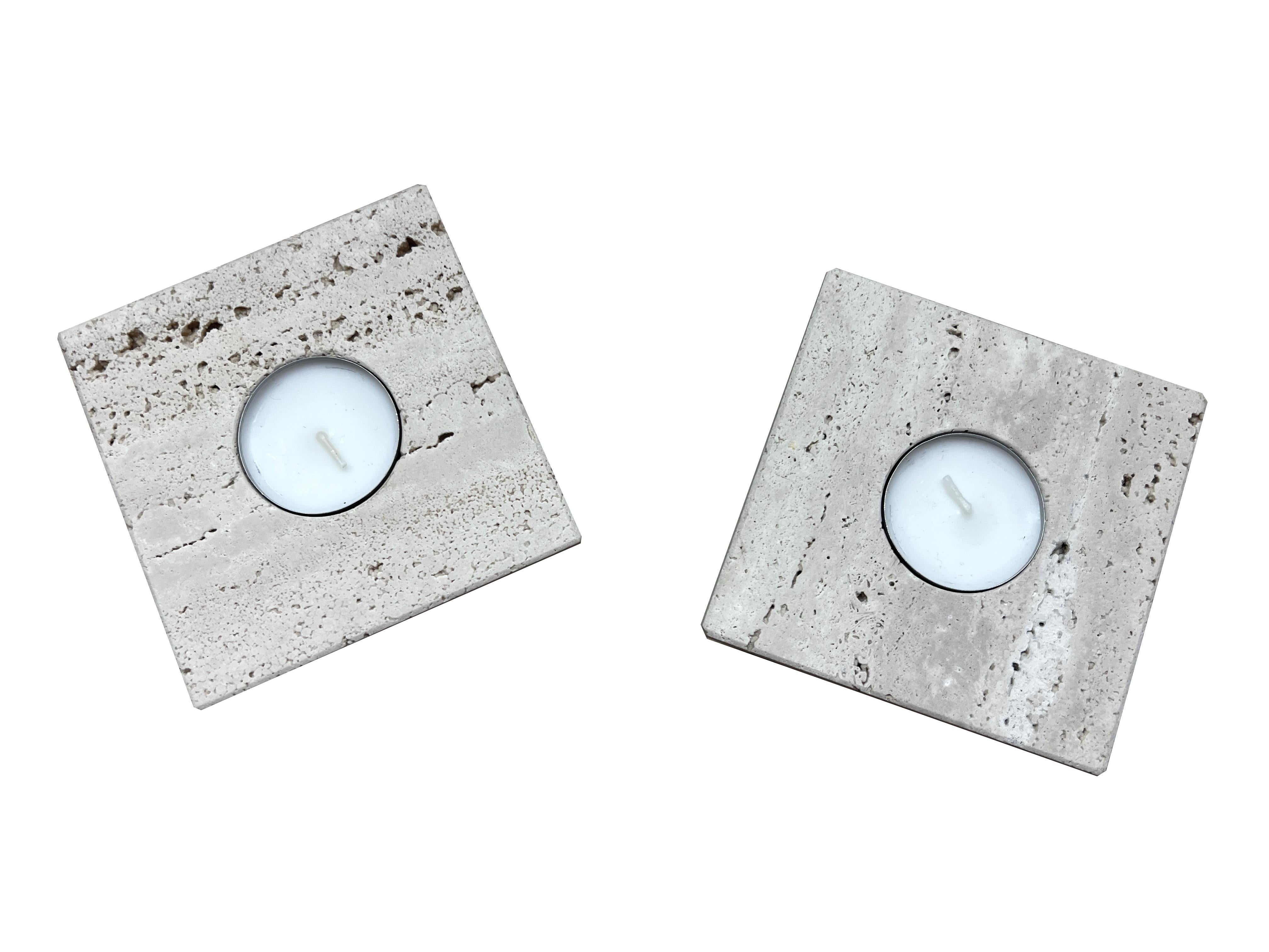 Spanish Candleholders Marble Travertine Design Set Two Candle Holders Mother’s Day Gift For Sale
