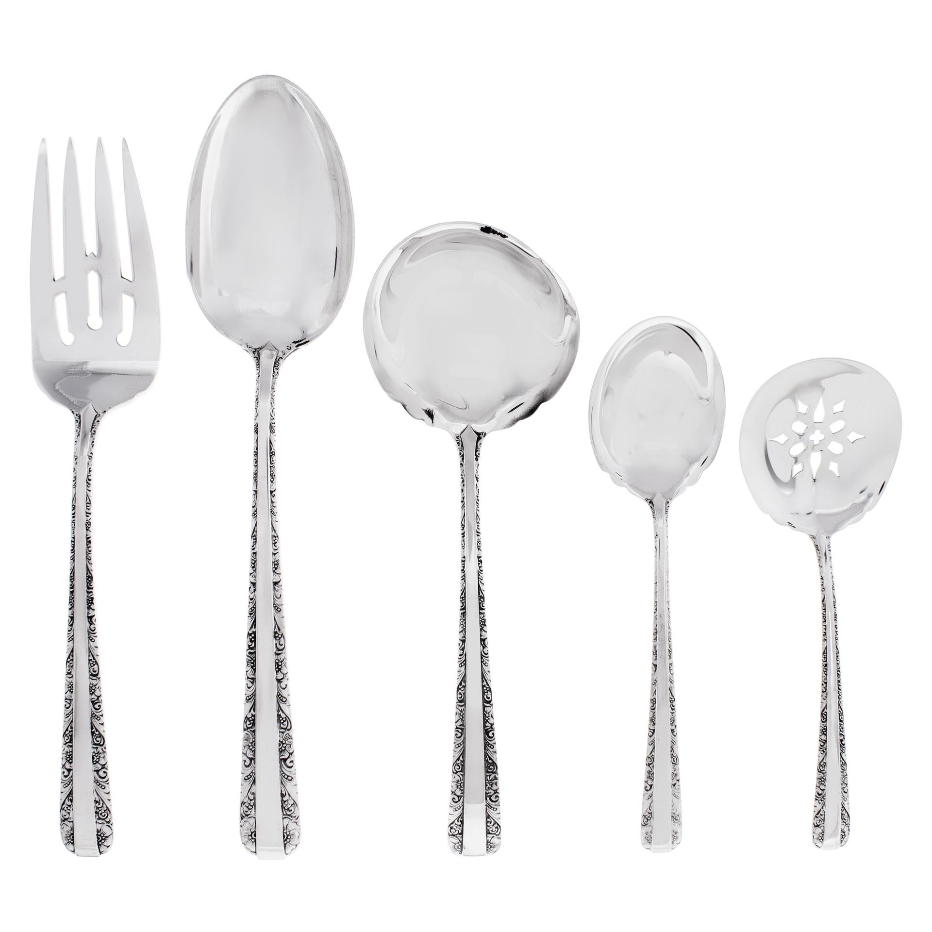 Candlelight Sterling Silver Flatware set patented In 1934 By Towle silversmiths. 5 place setting for 8 (+ 5 soup spoon) with 9 serving pieces. Over 1800 grams of sterling silver. PLACE SETTING: 8 place knife (8 3/4