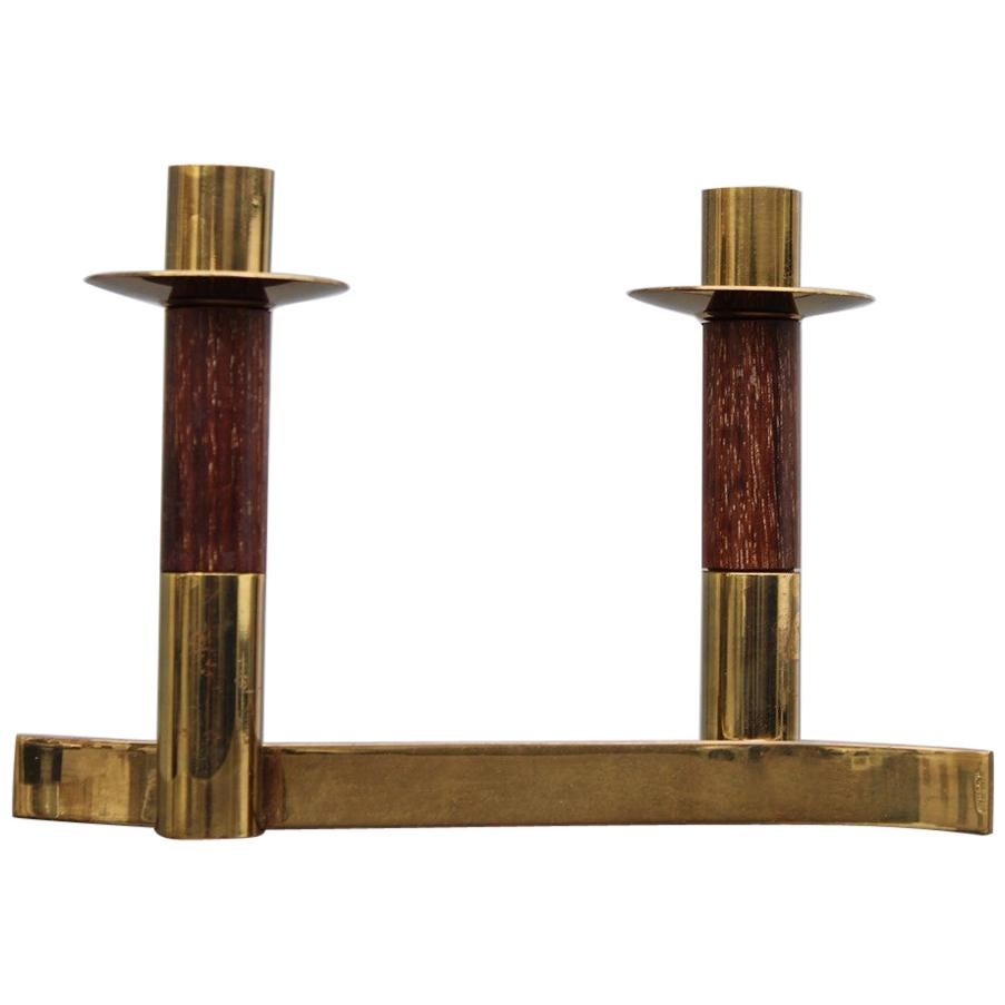 Candlestick Articulated Midcentury Italian Design Brass and Wood, 1950s For Sale