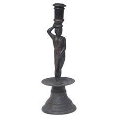 Candeliere Figurativo Adam Ottone Antico Maniero Rinascimentale 28,5 cm 11" di altezza