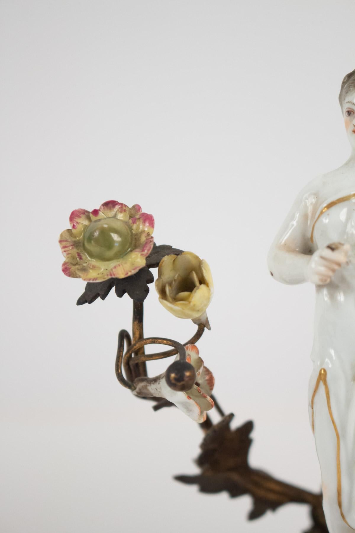 French Candlestick in Ancient Porcelain and Gilded Metal, 19th Century