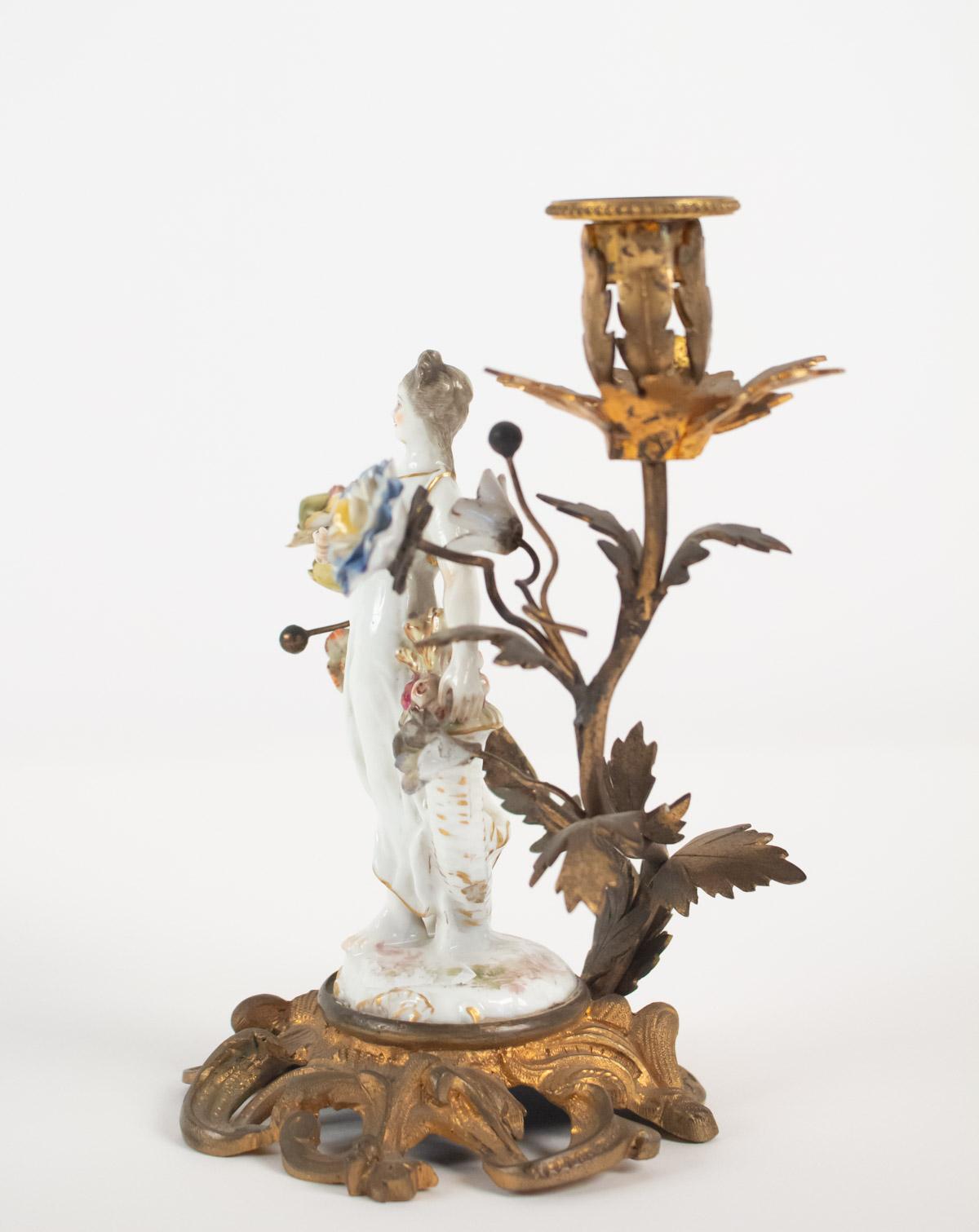 Candlestick in Ancient Porcelain and Gilded Metal, 19th Century 1