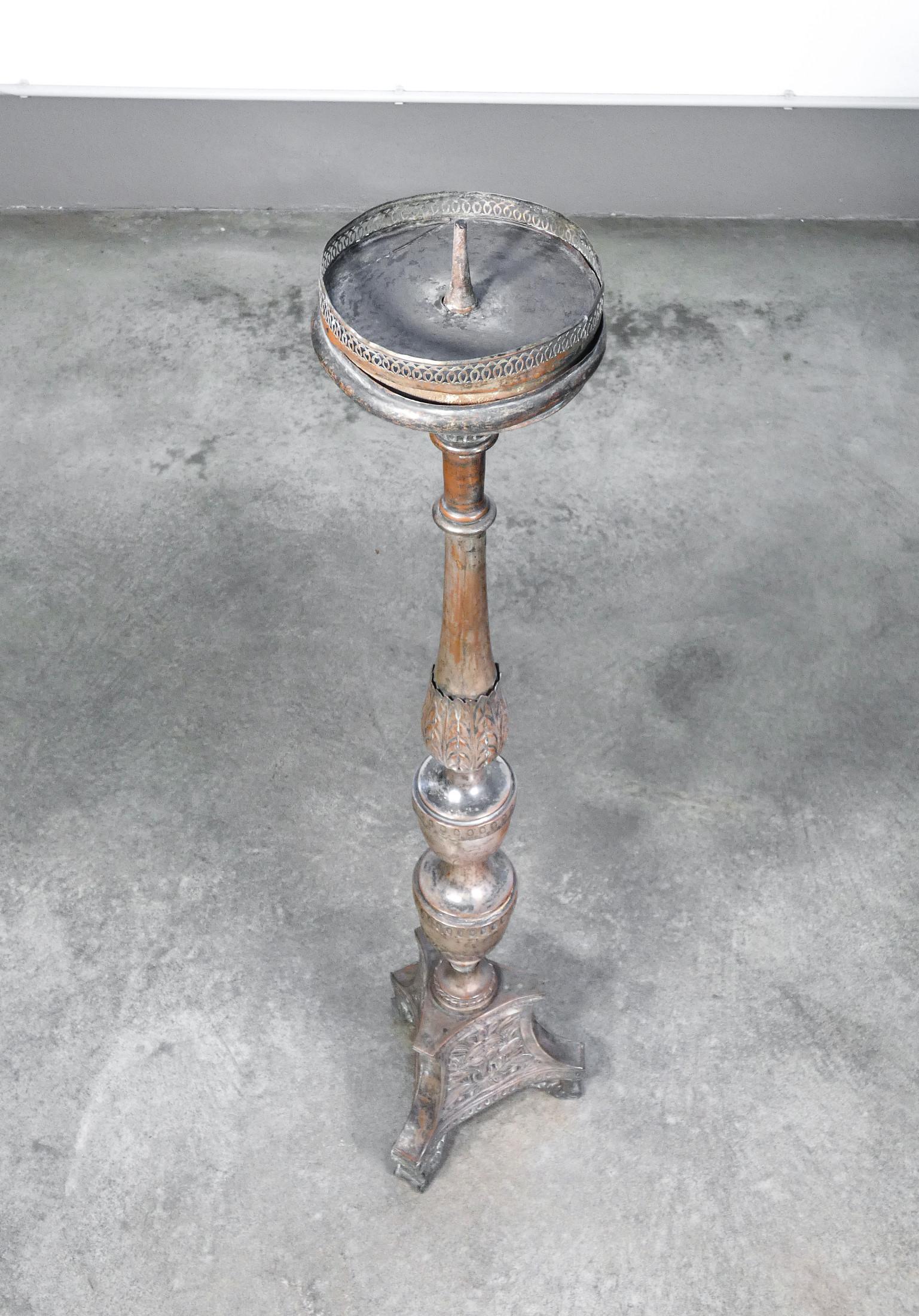 Neoclassical Candlestick in Silvered Copper, Embossed Decoration, Italy, 18th Century For Sale